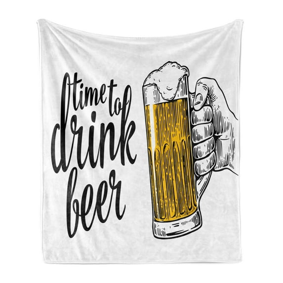 Lifestyle Soft Flannel Fleece Throw Blanket, Time to Drink Beer Words with a Man Hand Holding the Mug Toast Illustration, Cozy Plush for Indoor and Outdoor Use, 50" x 70", Yellow Black, by Ambesonne