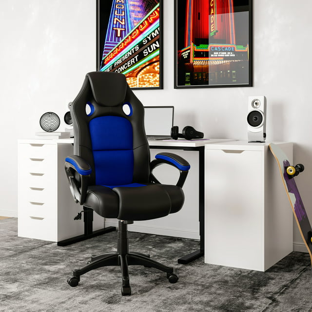 Lifestyle Solutions Akron Gaming Office Chair with Faux Leather, Blue
