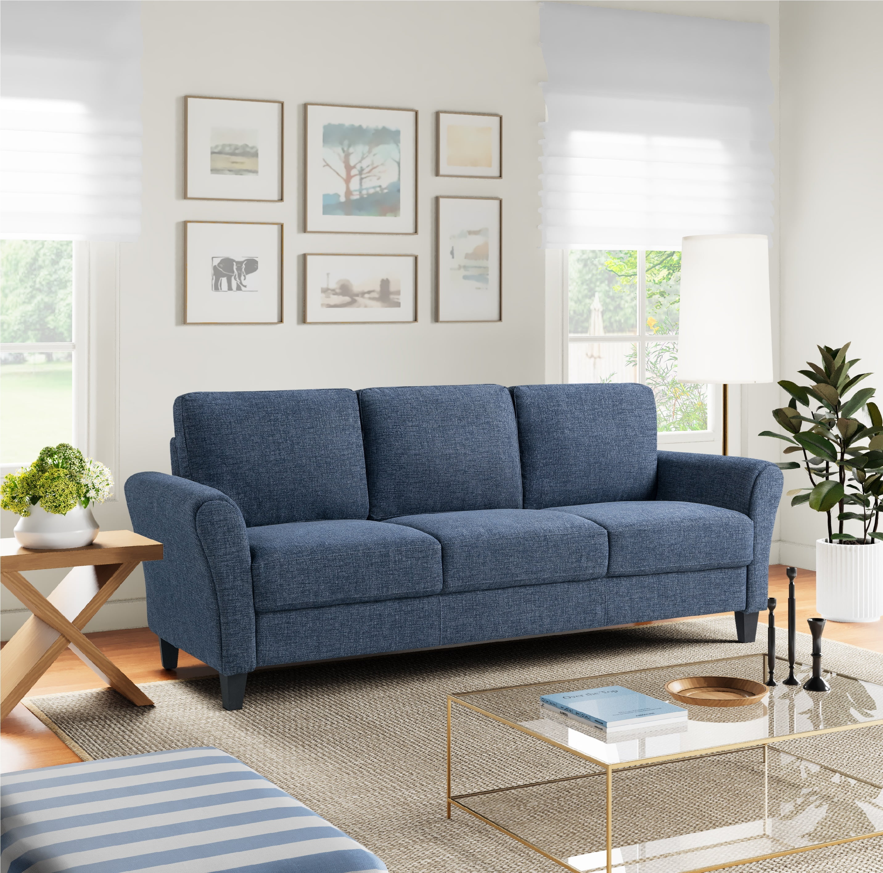 Alexa Blue Microfiber Sofa with Rolled Arms and Ottoman