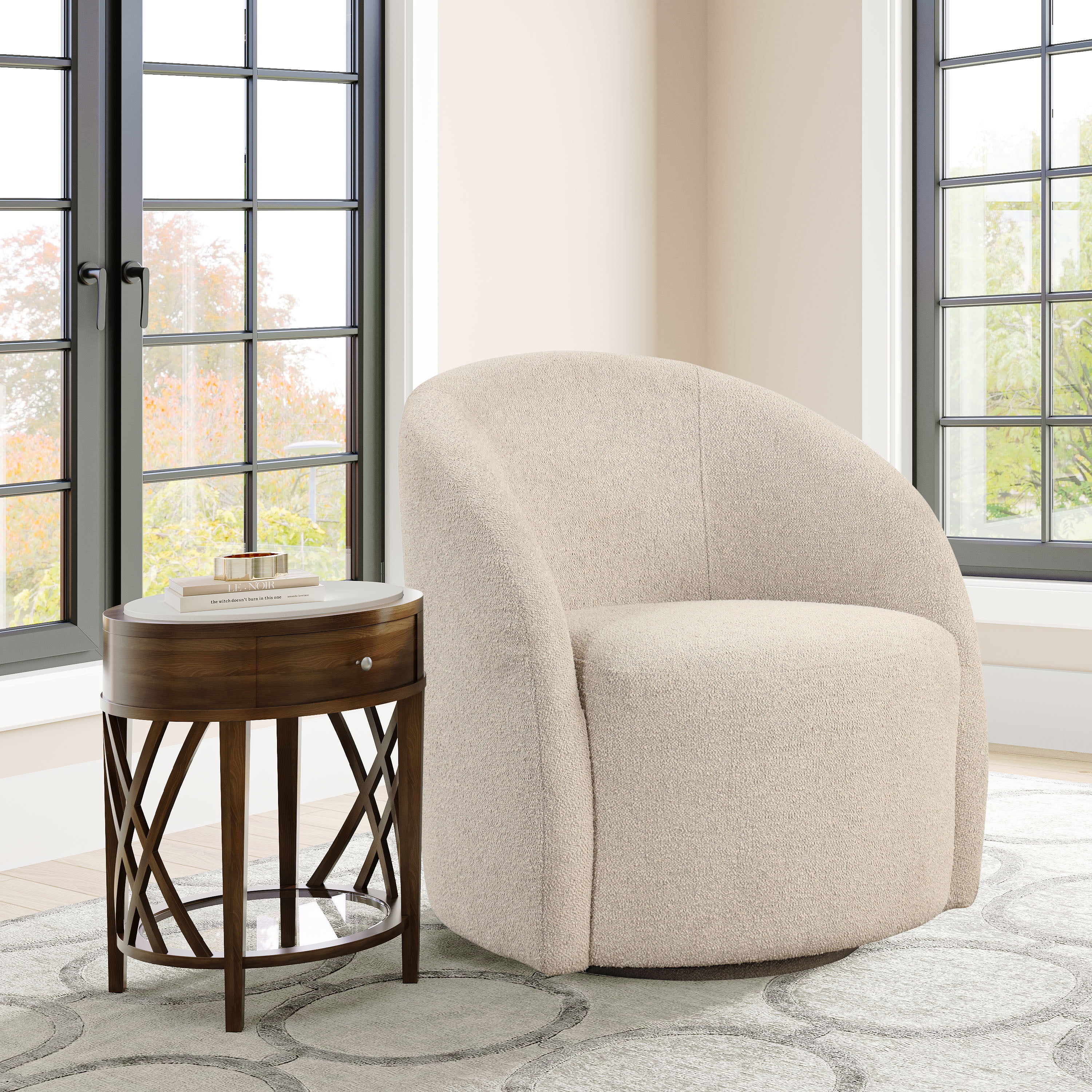 Lifestyle Solutions Briars Art Deco Style Swivel Accent Chair Khaki Boucle Fabric
