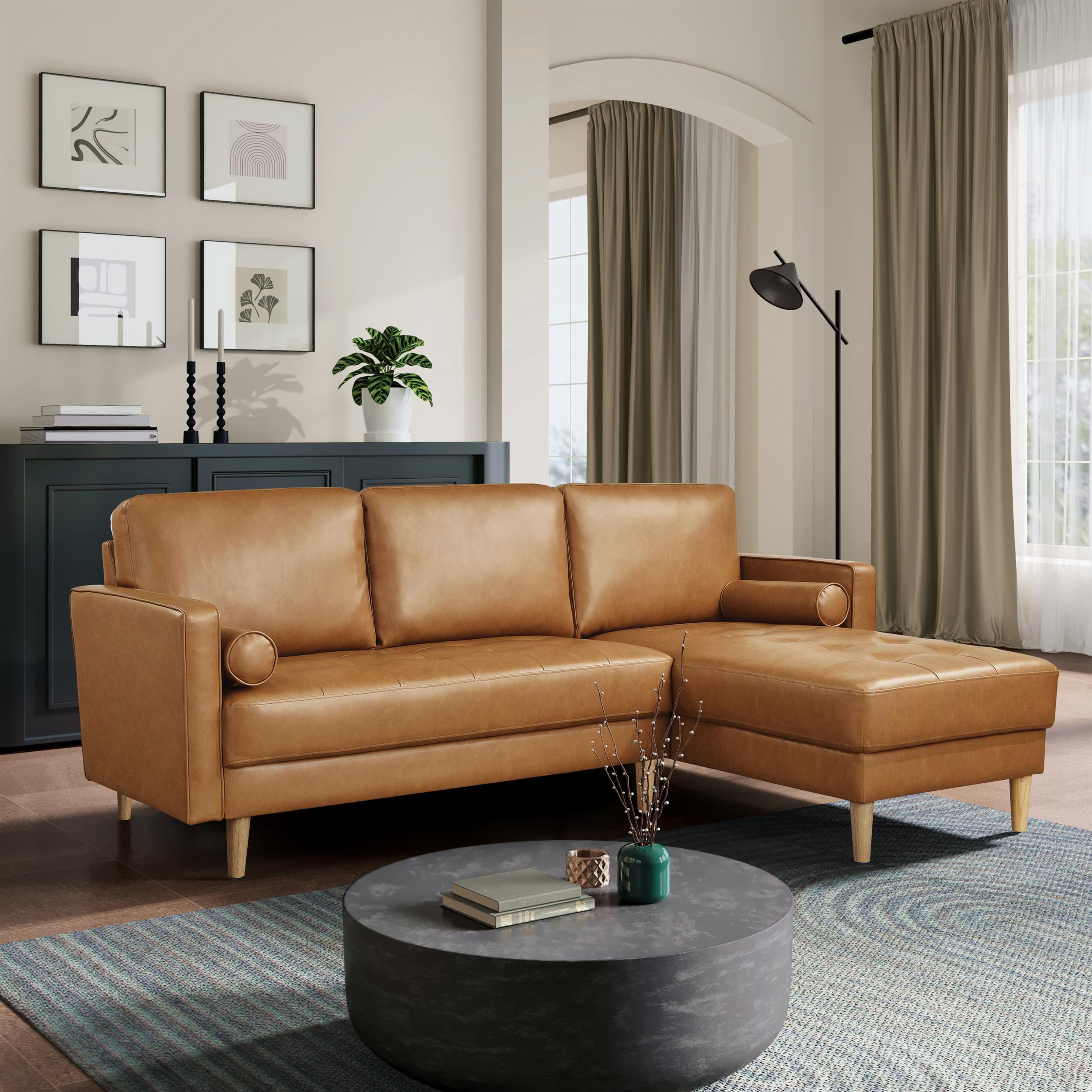Carmel Tufted Faux Leather Sofa Chaise with Ottoman
