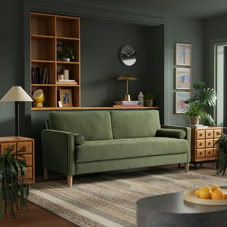 Studio Living Lorelei Mid-Century Modern Cushion Back Upholstered Sofa, Olive Fabric