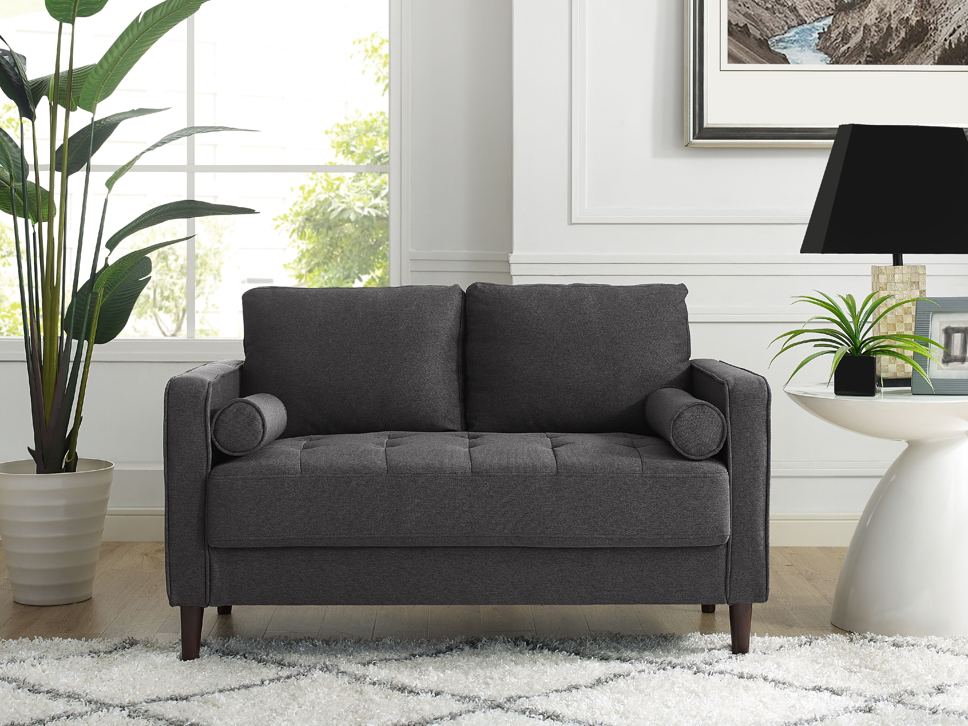 Heather Gray Tufted Microfiber Loveseat with Wood Legs