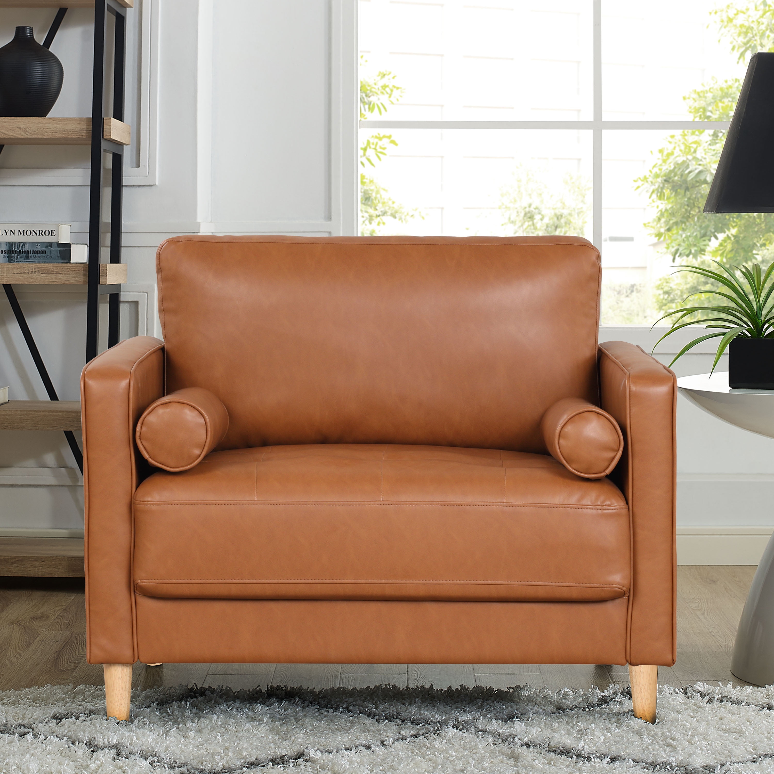 Caramel Faux Leather Accent Chair with Wood Legs