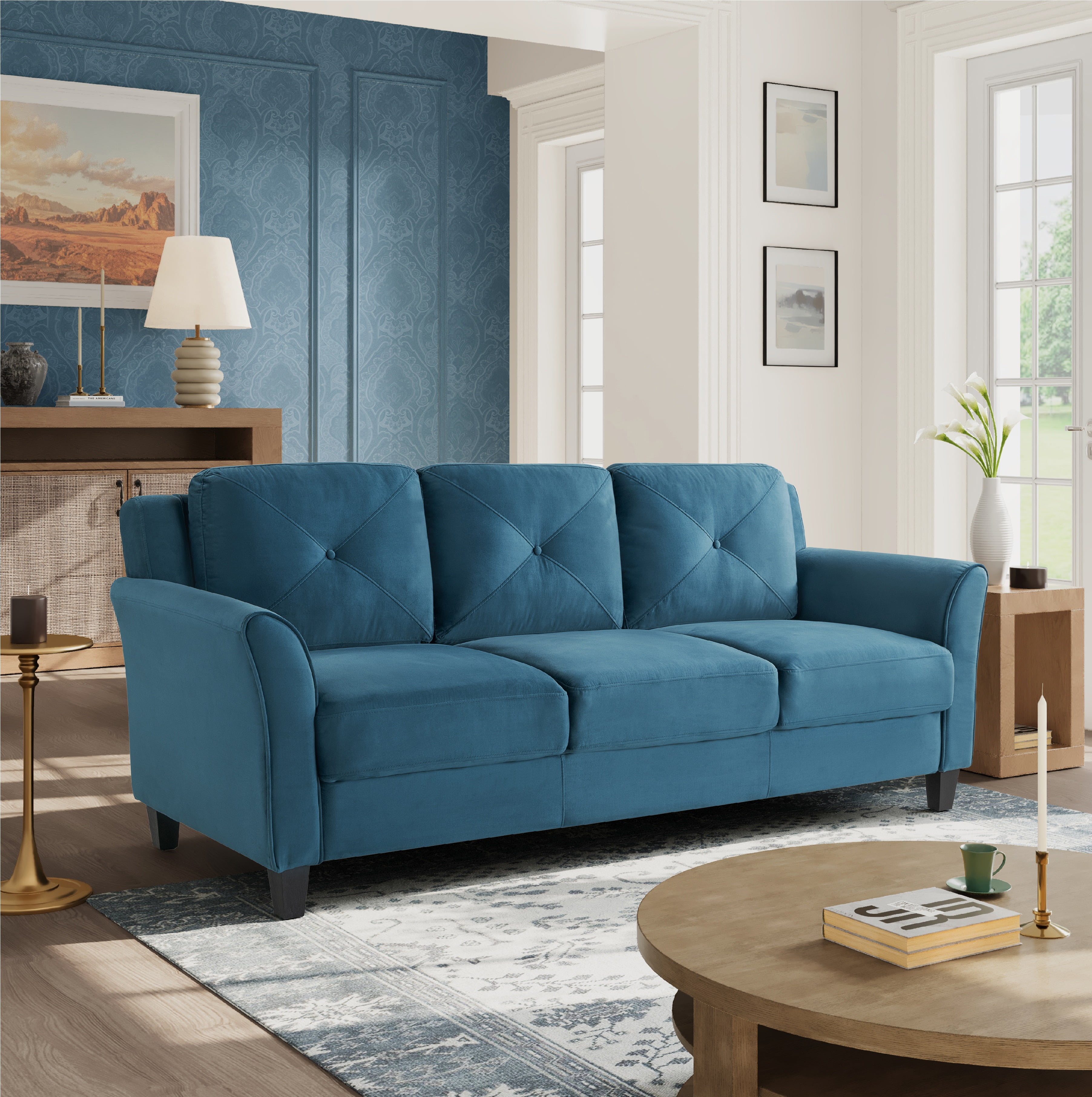 Harper Blue Tufted Microfiber Sofa with Flared Arms
