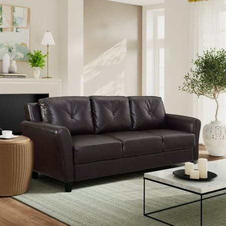 Lifestyle Solutions Taryn Traditional Sofa with Curved Arms, Java Brown Faux Leather