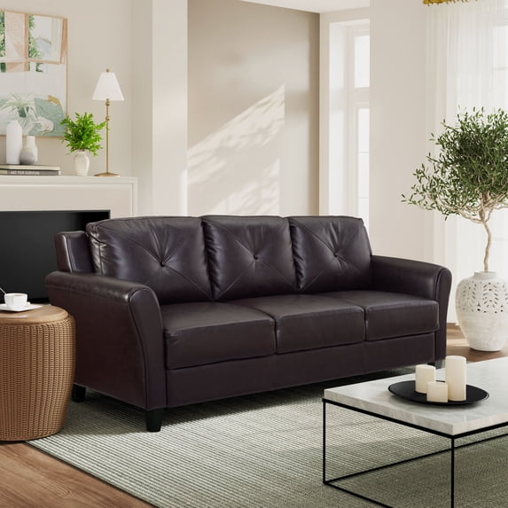 Lifestyle Solutions Taryn Traditional Sofa with Curved Arms, Java Brown Faux Leather
