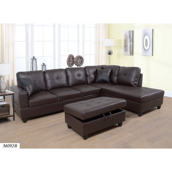 Lifestyles Sectional 3 PC Brown Faux Leather Right -Facing Chaise Storage Ottoman