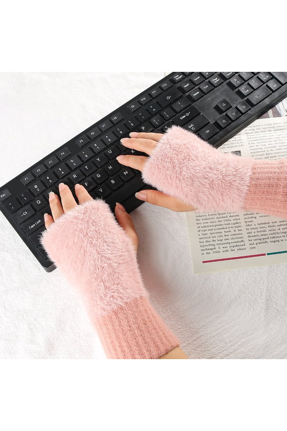 1 Pair Ladies Gloves Half-finger Thick Plush Knitted Stretchy Touchscreen Wrist Protection Office Typing Student Writing Gloves