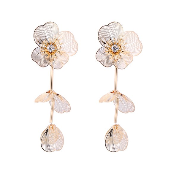 Lifetechs 1 Pair Women Hanging Ear Petal Flower Shape Rhinestone Polished Decor Alloy Electroplated Ear Jewelry Lady Prom Cocktail Party Long Dangle Earring