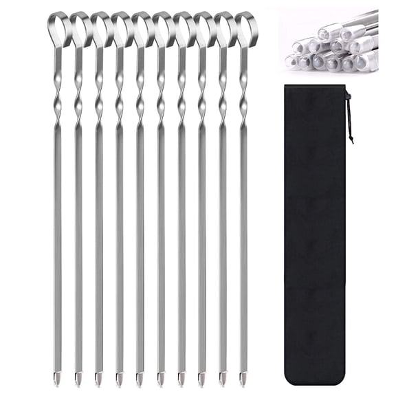 Lifetechs 10 Pcs Barbecue Skewers for Grilling Flat Stainless Steel Kebab Sticks Reusable BBQ Grill Sticks for Meat Chicken Vegetable Rust-Proof Heat-Resistant Kabob Skewers