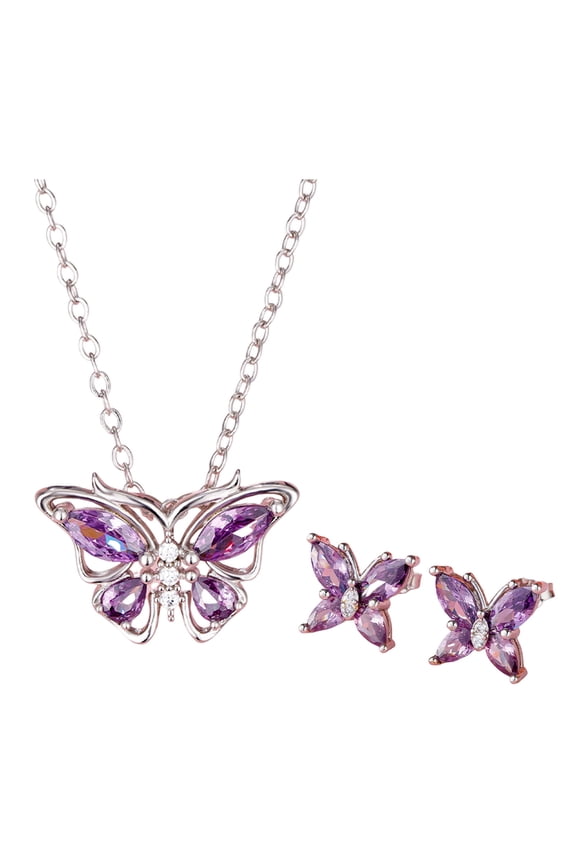 2 Pcs/Set Necklace Earrings Set Shiny Rhinestones Butterflies Shape Pendant Necklace Stud Earrings Set Jewelry Gift