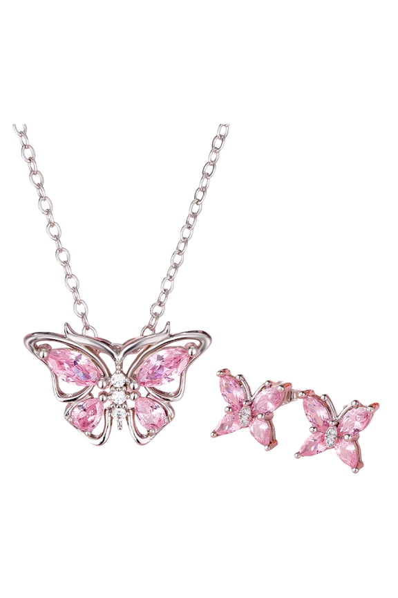 2 Pcs/Set Necklace Earrings Set Shiny Rhinestones Butterflies Shape Pendant Necklace Stud Earrings Set Jewelry Gift