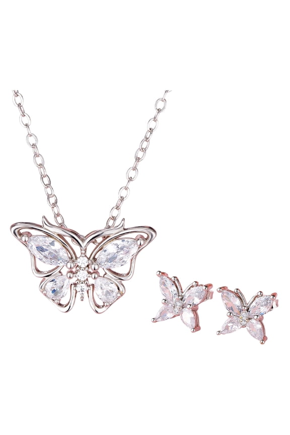 2 Pcs/Set Necklace Earrings Set Shiny Rhinestones Butterflies Shape Pendant Necklace Stud Earrings Set Jewelry Gift