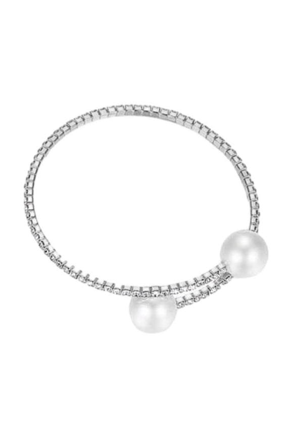 2 Pcs/Set Women Elegant Jewelry Set Shiny Rhinestones Faux Pearls Adjustable Open Collar Necklace Bangle Set