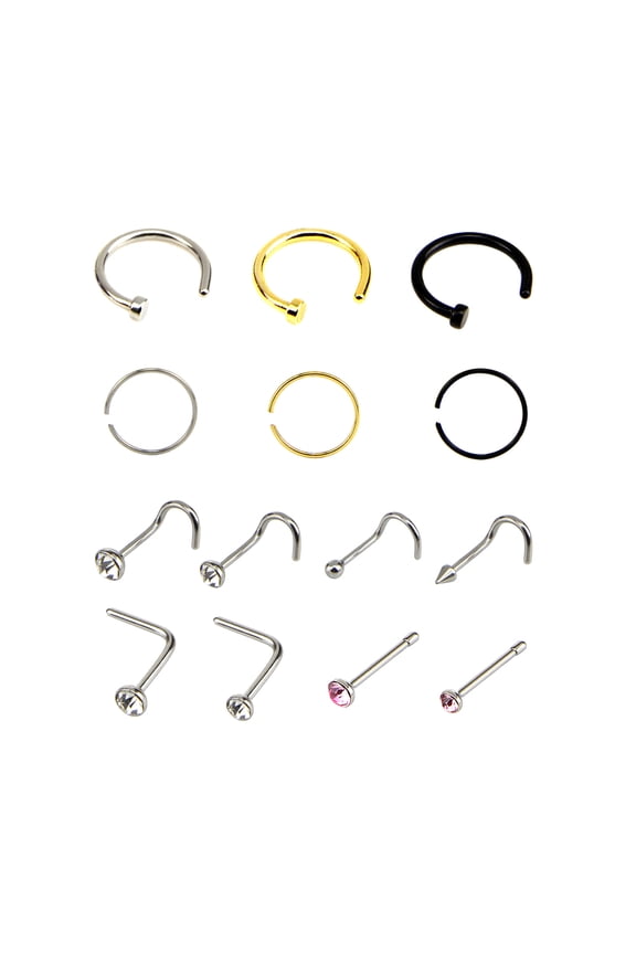 42 Pcs/Set Mix Shape Rhinestone Unisex Nose Stud Stainless Steel Piercing Jewelry