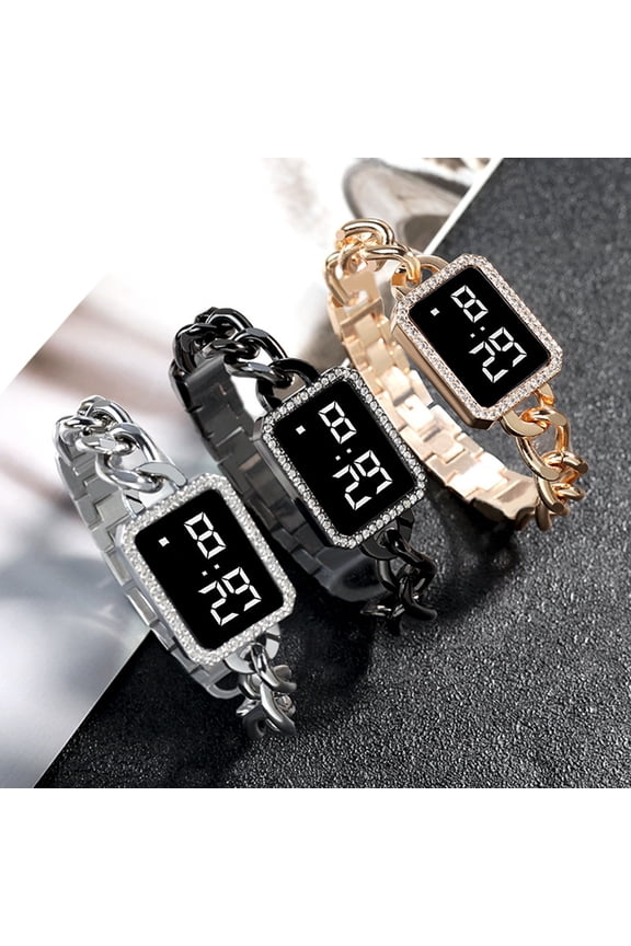 Electronic Watch Multifunctional Life Waterproof Touch Control Women Fashion Square Rhinestone LED Digital Watch for Daily Wear