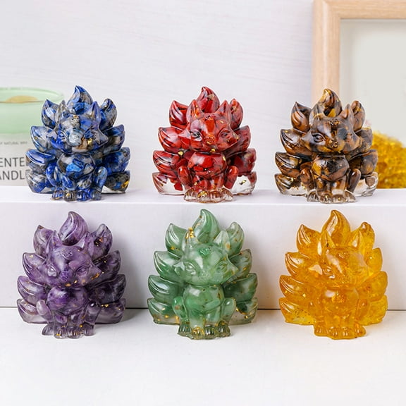 Lifetechs Natural Stone Nine-tailed Foxes Figurine Positive Healing Energy Hand-carved Colorful Faux Crystal Sitting Animal Statue Home Office Desktop Decoration Ornament