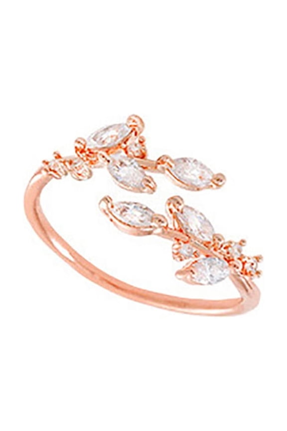 Women Adjustable Open Ring Rhinestone Inlaid Leaves Party Club Jewelry