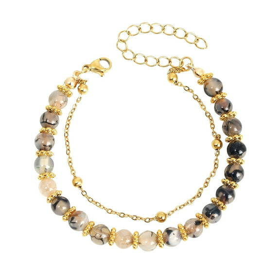 Lifetechs Women Bracelet Double Layer Smooth Natural Stone Metal Chain Adjustable Extended Length Lady Wrist Jewelry