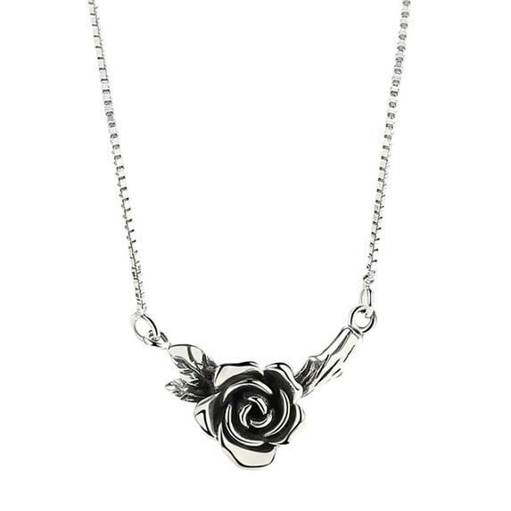 Lifetechs Women Necklace Vintage Floral Black Rose Stainless Old Design Neck Decoration Silver Color Smooth Edge Rose Pendant Necklace Party Jewelry