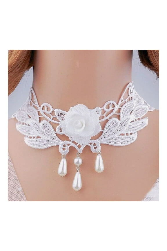 Women Party Necklace Hollow Out Lace Faux Pearl Decor Tassel Prom Cosplay Halloween Carnival Choker Wedding Performance Neck Jewelry
