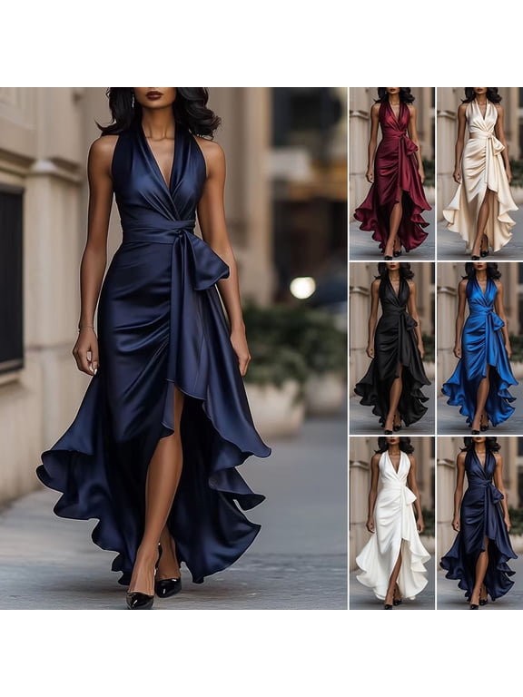 Women Ruffle Satin High Low Prom Dress Sleeveless V Neck Halter Tie Waist Midi Dress Wedding Guest Party Cocktail Dress Royal Blue