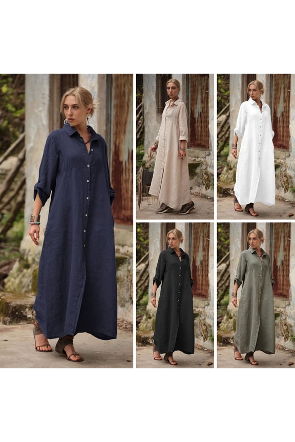 Women's Cotton Linen Shirt Dress Casual Rolled-Up Sleeve Button Dowm Maxi Dress Summer Loose Tunic Shift Dress Army Green