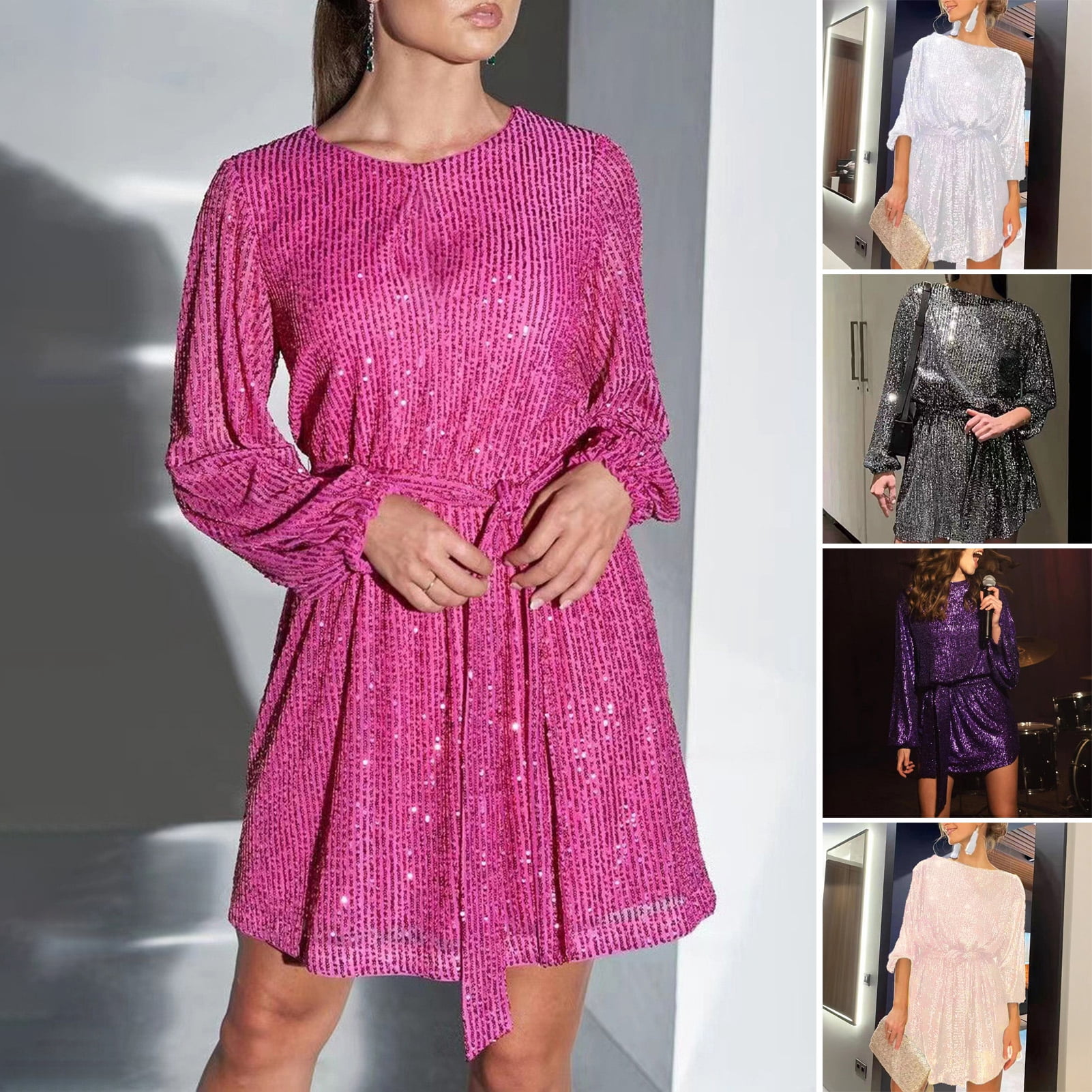 Lifetechs Women's Sparkly Sequin Mini Dress Glitter Long Sleeve Boat Neck Swing Dress Sexy Nightclub Party Short Dress Purple, Size: 3XL