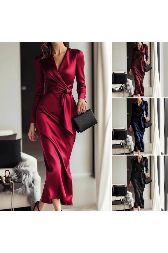 Women's Wrap Satin Silky Midi Dress Long Sleeve V-Neck Tie Waist Formal Dress Cocktail Party Wedding Guest Dress Navy Blue