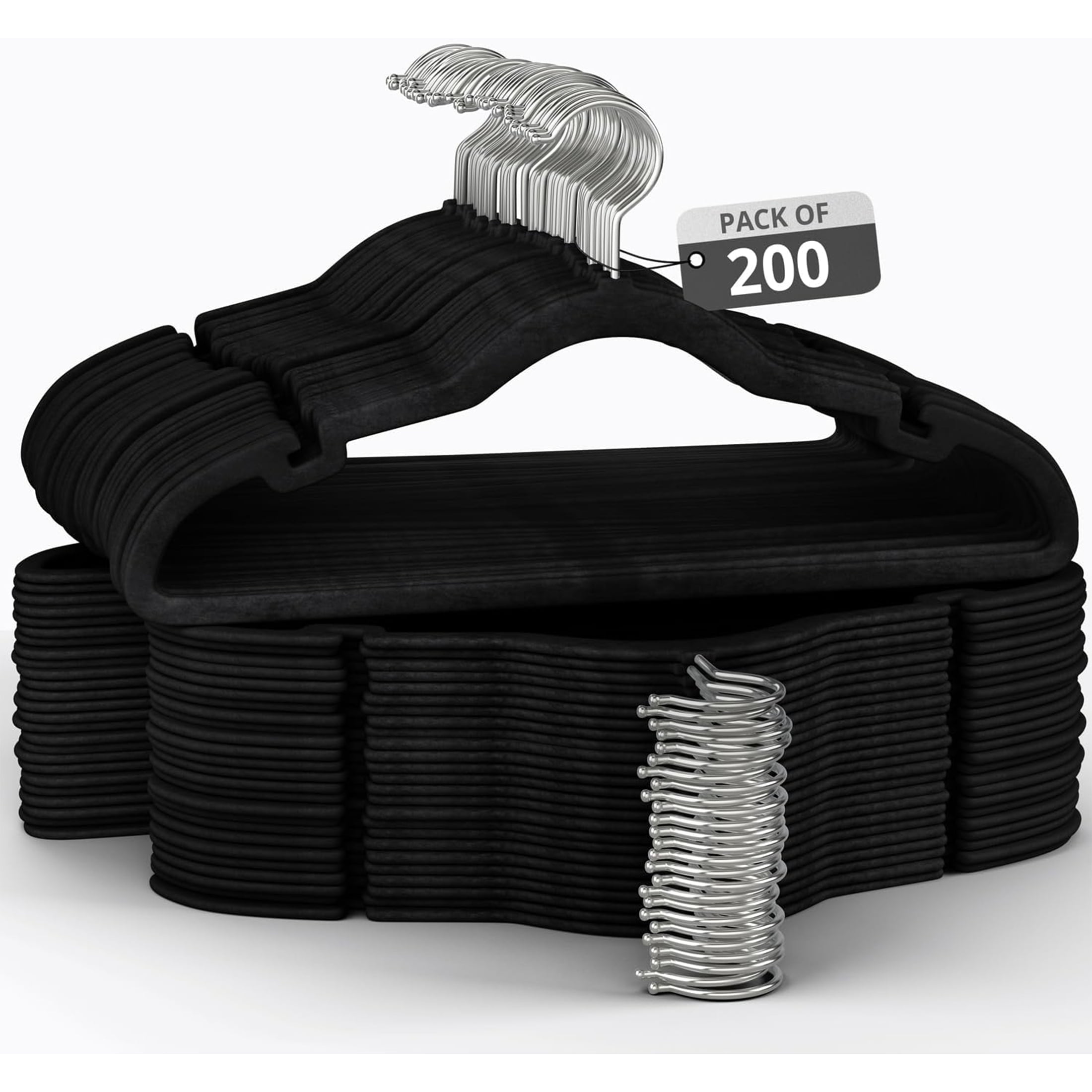 Lifetime Appliance Parts 200 Pack Velvet Hanger for Shirt Pants Dresses Skirts Suits Jackets - Slim Space Saving Design - Sturdy & Durable Design with Shoulder Grooves Hook - Black