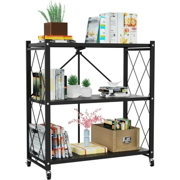 Lifetime Appliance Parts 3-Tier Foldable Storage Shelf with Wheels - Metal Collapsible Shelving Unit Display, Rolling Cart for Books Kitchen Storage Shelves, Pantry & Closet Organizer - BLACK