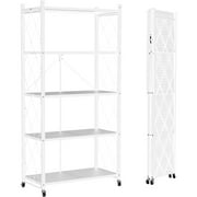 Lifetime Appliance Parts 5-Tier Foldable Storage Shelf with Wheels - Metal Collapsible Shelving Unit Display, Rolling Cart for Books Kitchen Storage Shelves, Pantry & Closet Organizer - WHITE