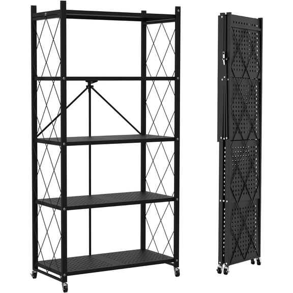 Lifetime Appliance Parts 5-Tier Foldable Storage Shelf with Wheels - Metal Collapsible Shelving Unit Display, Rolling Cart for Books Kitchen Storage Shelves, Pantry & Closet Organizer - Black