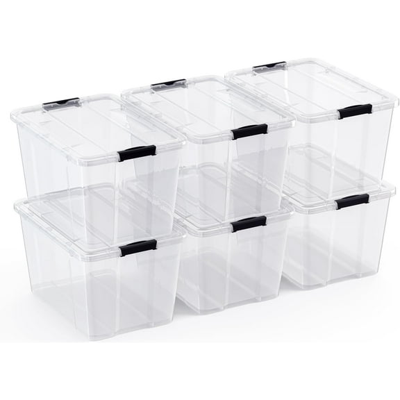 Lifetime Appliance Parts 6 PACK 34 Qt. Plastic Storage Bin Tote Organizing Container with Ultra Durable Lid & Secure Latching Buckles Stackable Extra Strength Clear w/Black Handle