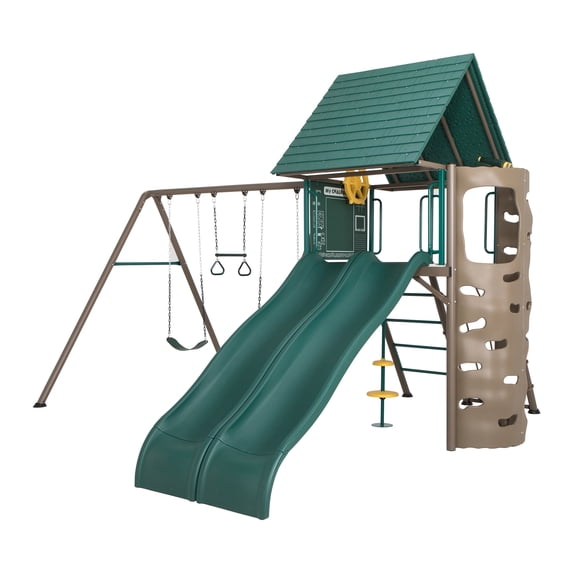 Lifetime Big Stuff Two-Slide Swing Set with Spider Swing, 2 Swings, Green and Tan