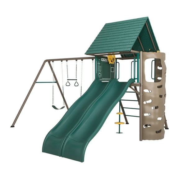 Lifetime Big Stuff Two-Slide Swing Set with Spider Swing Unisex Child´s, 2 Swings, Green/Tan