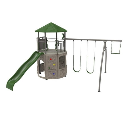 Lifetime Kid’s Adventure Tower Swing Set with Slide, Climbing Wall, Belt Swings and Trapeze Bar (91200)