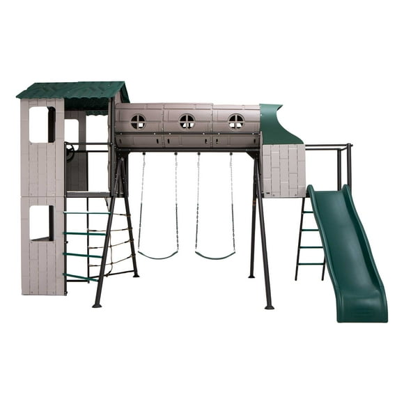 Lifetime Kid's Adventure Tunnel Swing Set with Clubhouse, Belt Swings and Climbing Wall (91134)