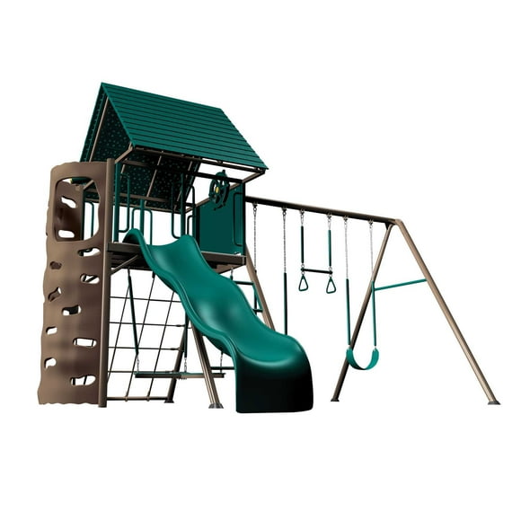 Lifetime Kid's Big Stuff Metal Swing Set with Slide, Belt Swings and Climbing Wall (91069)