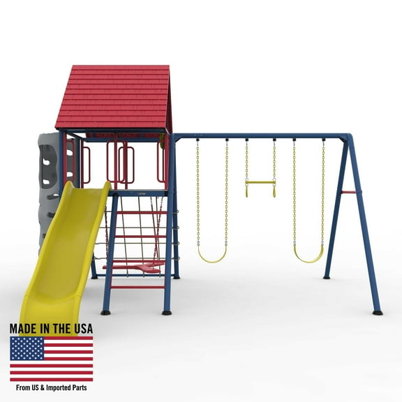 Lifetime Kid's Big Stuff Metal Swing Set with Slide, Belt Swings and Climbing Wall (91086)
