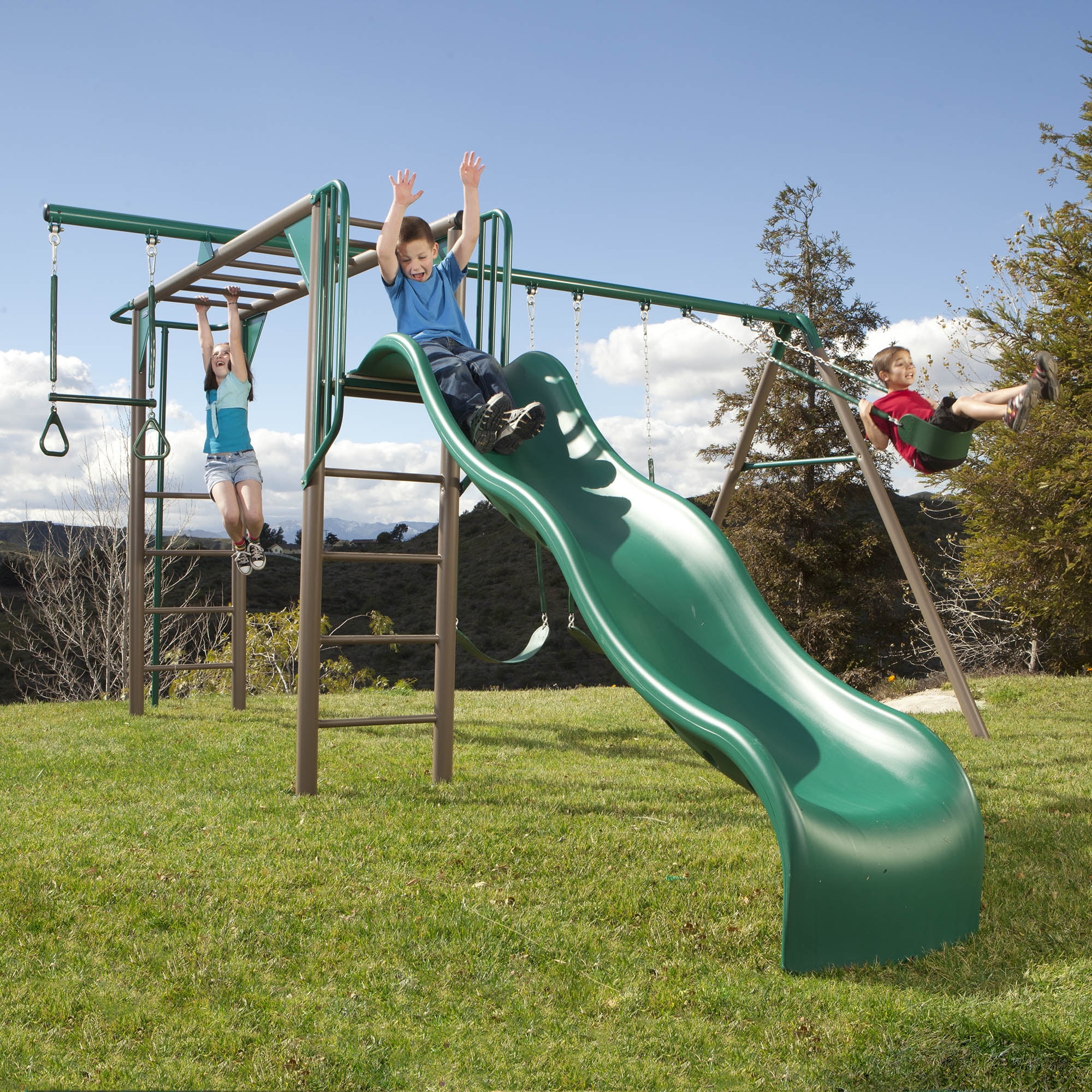 Lifetime Kid s Monkey Bar Adventure Metal Swing Set with Slide and Trapeze Bar 90143