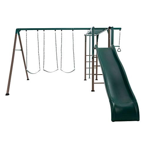 Lifetime Kid's Monkey Bar Adventure Metal Swing Set with Slide, Belt Swings and Trapeze Bar (91028)
