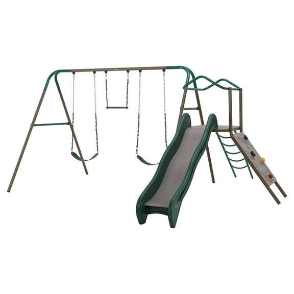 Lifetime Kid's Outdoor Climb & Slide Swing Set with Belt Swings and Trapeze Bar (91142)