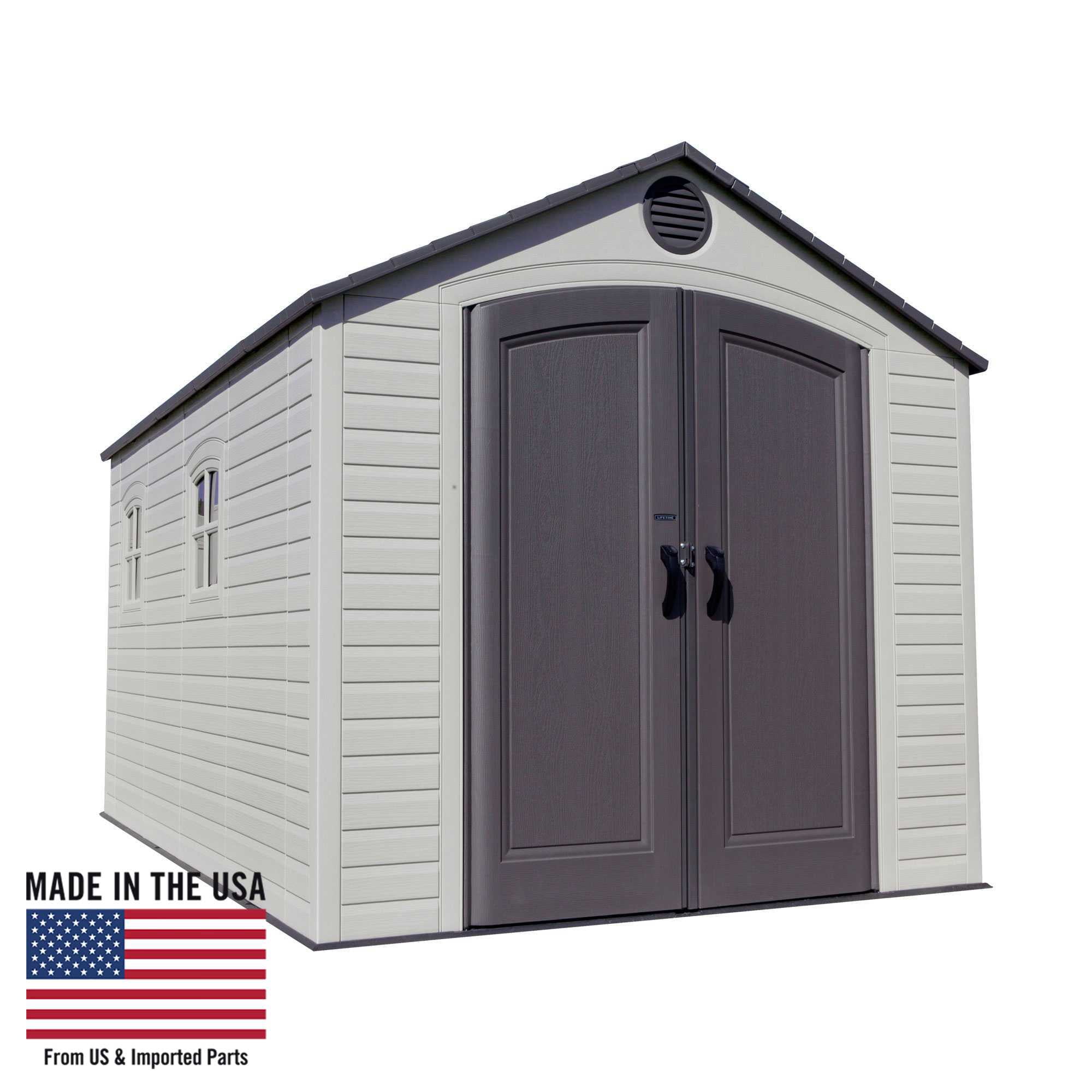 Large Beige and Brown Polyethylene Storage Shed with Windows and Shelving