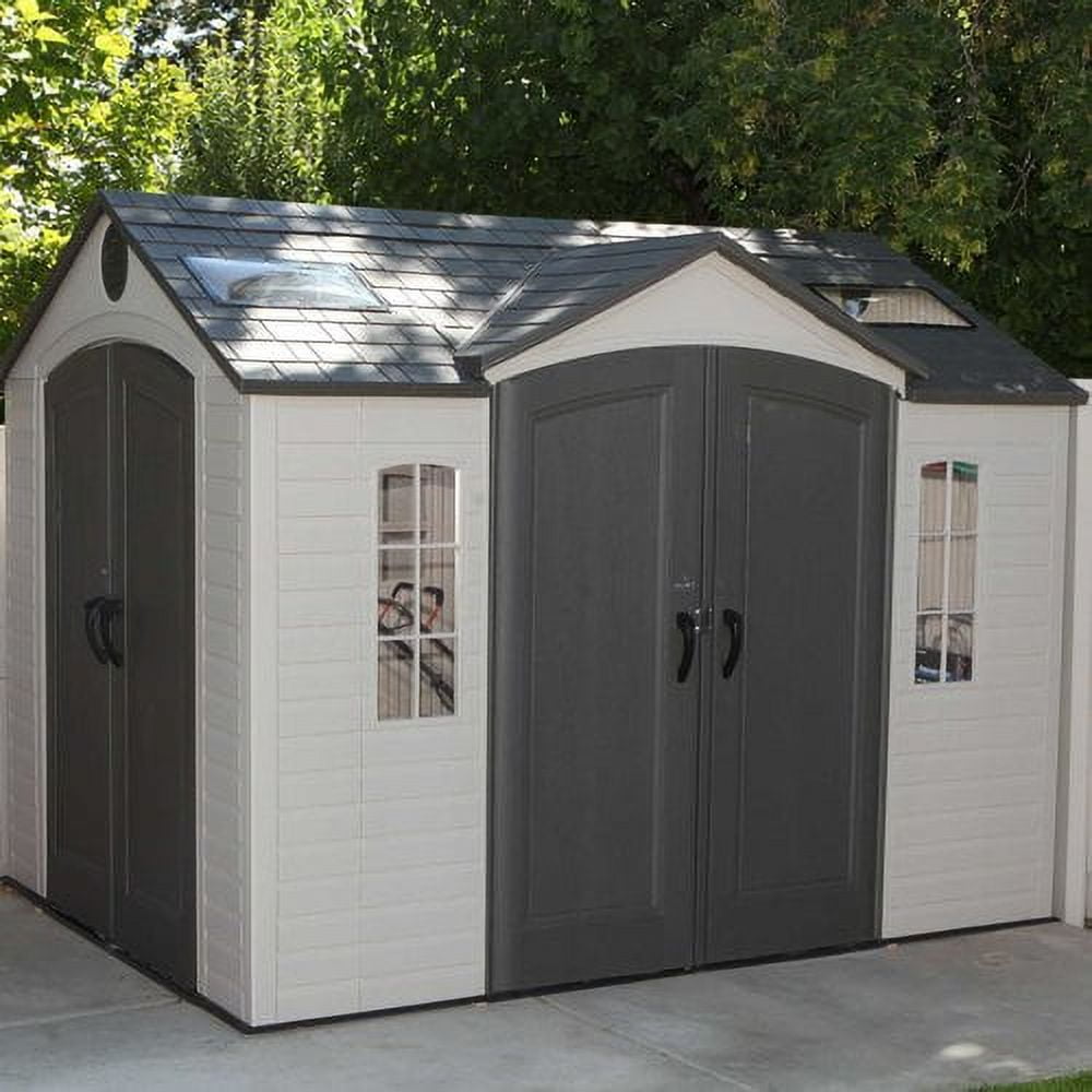 Desert Sand Polyethylene Outdoor Storage Shed with Windows and Shelving, 8' x 10'
