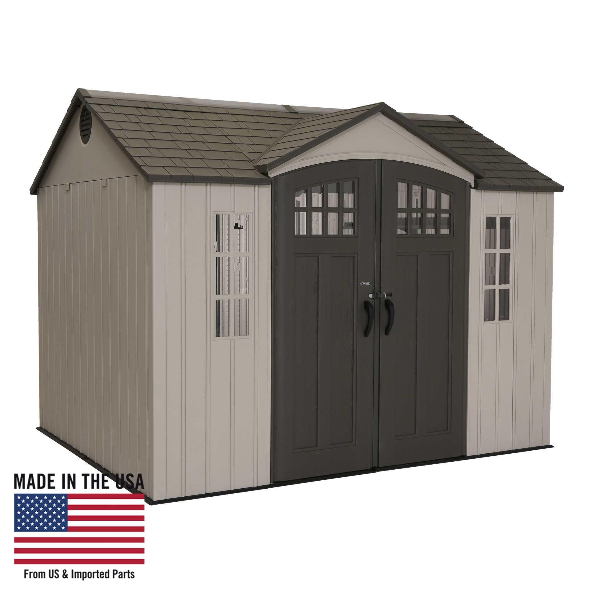 Desert Sand Polyethylene 8' x 10' Storage Shed with Windows and Shelving