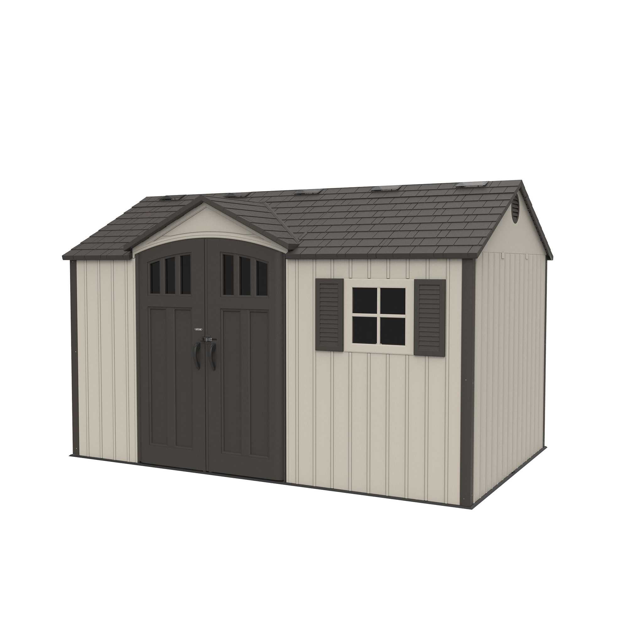 Desert Sand Polyethylene Outdoor Storage Shed with Shelving and Windows