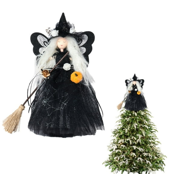 Lifeuping Halloween Witch Tree Topper Decoration, Black with Spider Web Skirt Dress Gnomes Decor for Desktop, Treetop, Fireplace, Home Decoration