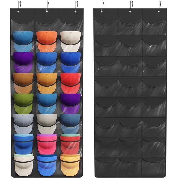 Lifewit 1 Pack Over The Door Hat Organizer for Baseball Caps, 24 Clear Deep Pockets Hat Rack Stand with 3 Hooks, Hanging Hat Storage, Cap Holder Hat Hanger for Protection and Display